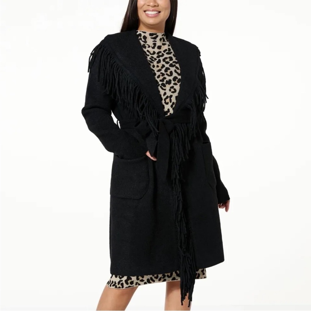 NWT BADGLEY MISCHKA fringe
Ricci Wool-blend Wrap Coat In Black